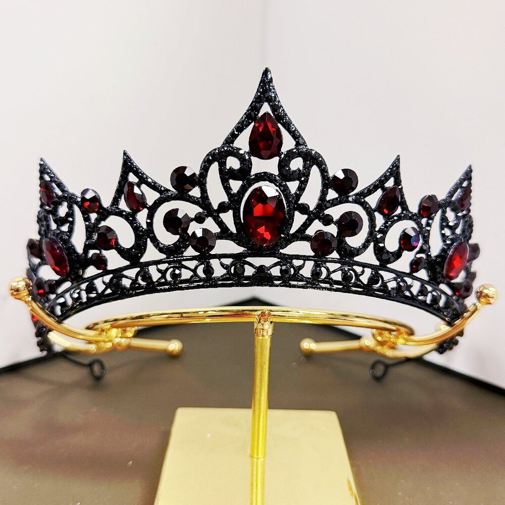 Ruby Crystal Tiara, Black Crown, Princess Tiara, Goth Headband, Red Stone Crown